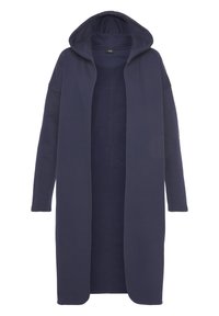 Cardigan con cappuccio di colore blu navale realizzato in morbido tessuto, caratterizzato da un design lungo e aperto e maniche leggermente sovradimensionate. Senza chiusure.