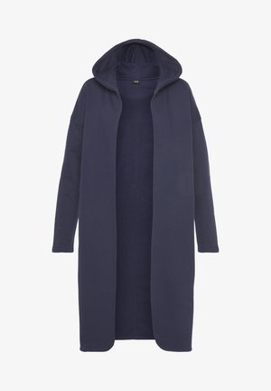 Navyblauer Kapuzencardigan aus weichem Stoff, mit längerer, offener Vorderseite und leicht übergroßen Ärmeln. Ohne Verschlüsse.