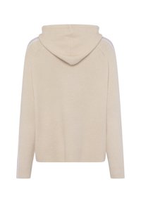 Beige hooded sweater with a relaxed fit, knit texture, and ribbed hem. Features contrasting accents on sleeves.