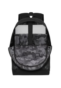 Mochila negra con un interior gris estampado, que cuenta con múltiples bolsillos, un compartimento acolchado para un portátil y correas de hombro ajustables.