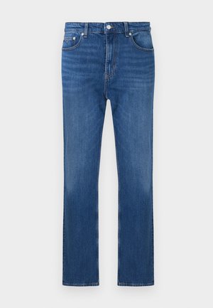 Blue straight-leg denim jeans with five pockets, belt loops, button closure, and subtle fading on front thighs and knees.