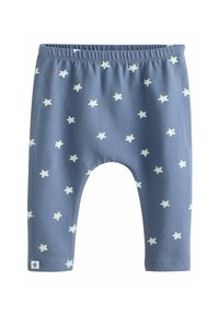 Leggings bleus pour bébé avec un motif d'étoiles blanches dispersé et une taille élastique, petite étiquette en forme d'étoile près de l'ourlet d'une jambe.