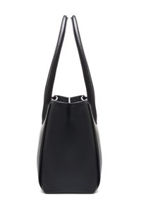 Schwarze Lederhandtasche mit strukturierter Oberfläche, länglichen Griffen und minimalistischem Design. Offenes Oberteil mit geräumigem Innenraum.