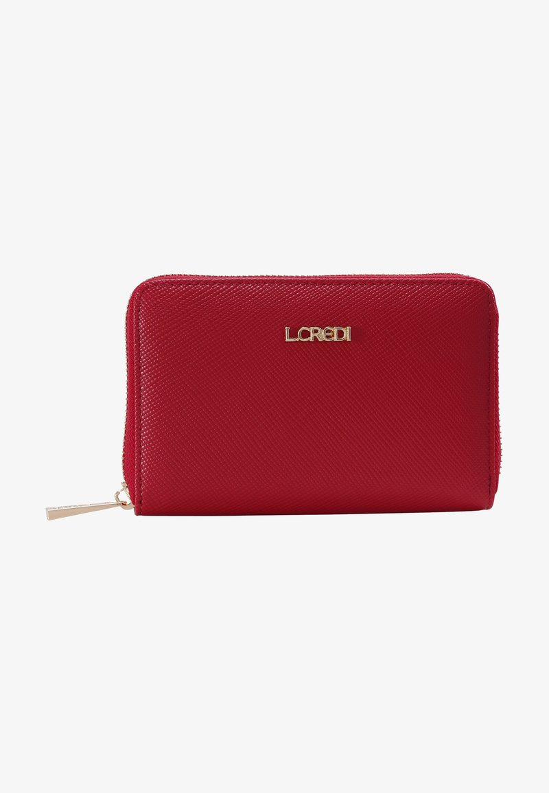 Red zippered wallet made of textured synthetic material, featuring a gold logo, a smooth zipper pull, and a rectangular design.