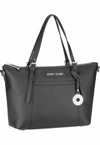 Czarna skórzana torebka z teksturowym wykończeniem, z dwoma uchwytami, przednią kieszenią na zamek i metalowym akcentem logo. Zamek błyskawiczny oraz odpinany pasek.