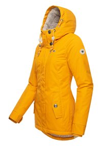 Yellow insulated jacket with a faux fur-lined hood, zippered front, side pockets, and button closures. Features elastic cuffs and decorative hardware.