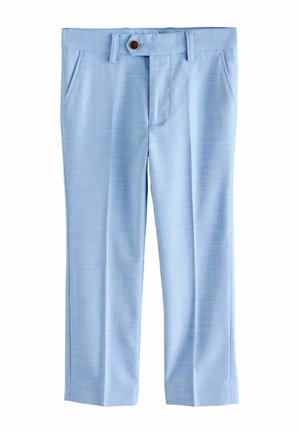 Pantaloni elegant albaștri deschis cu buzunare laterale, bucle pentru curea și închidere cu nasture maro în talie, afișați întinși pe un fundal alb.