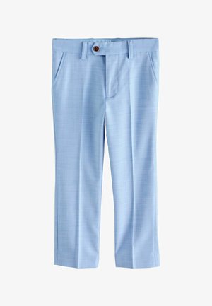 Pantaloni elegant albaștri deschis cu buzunare laterale, bucle pentru curea și închidere cu nasture maro în talie, afișați întinși pe un fundal alb.