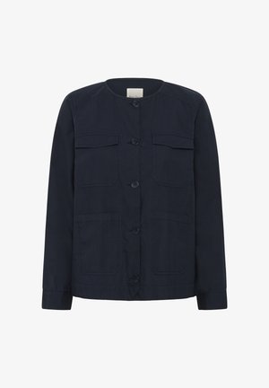 Dark navy blue long-sleeve jacket with round collar, four front buttons, two chest flap pockets, and two lower patch pockets.