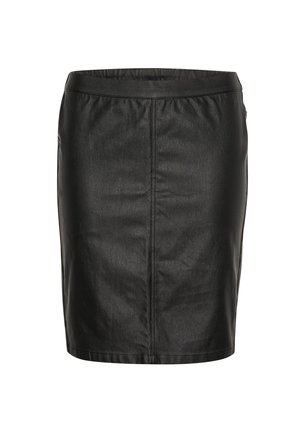 Black pencil skirt made from textured fabric, featuring a fitted design with a smooth waistband and vertical seam details. No pockets.