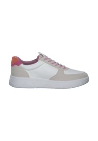 Sneakers im Low-Top-Design aus weißem und hellbeigem Leder, mit pinken Schnürsenkeln und einem orangefarbenen Rückenauschnitt. Gummisohle mit strukturierten Details.