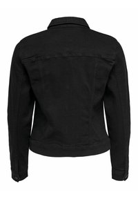 Veste en denim noir, coupe classique, manches longues, poignets à bouton et col rabattu. Comprend des détails de couture et un design de yoke arrière.