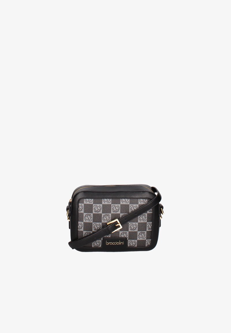 Petit sac bandoulière rectangulaire avec un motif à carreaux noir et gris, boucle dorée sur la sangle réglable, et plaque logo "braccialini".