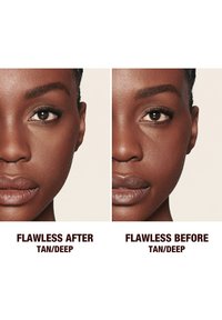 Two side-by-side portraits of a face showcasing skin tone in tan/deep. Left labeled "Flawless After"; right labeled "Flawless Before." Smooth texture, neutral background.