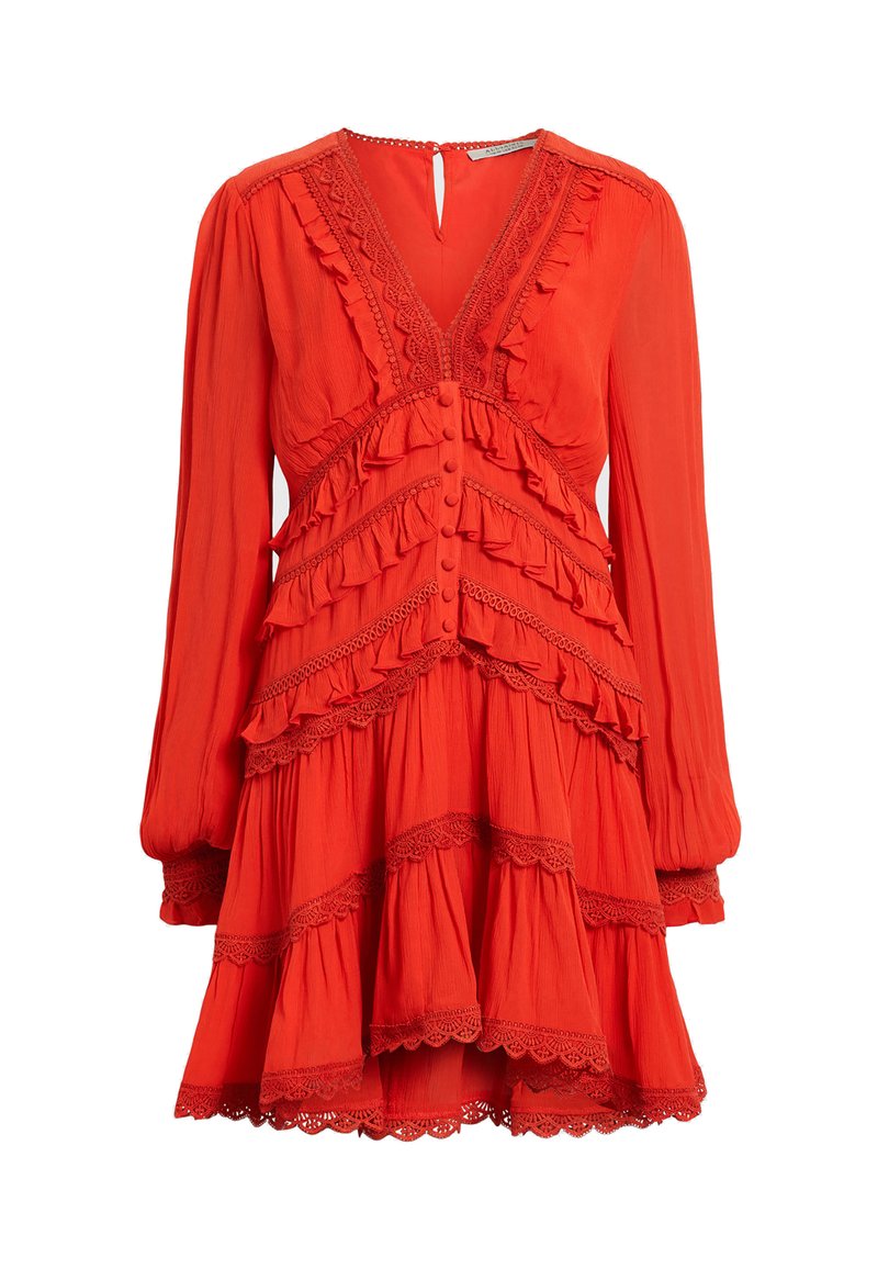 all saints red dress AllSaints Alexia Silk Blend V-neck Midi Slip Dress in Red