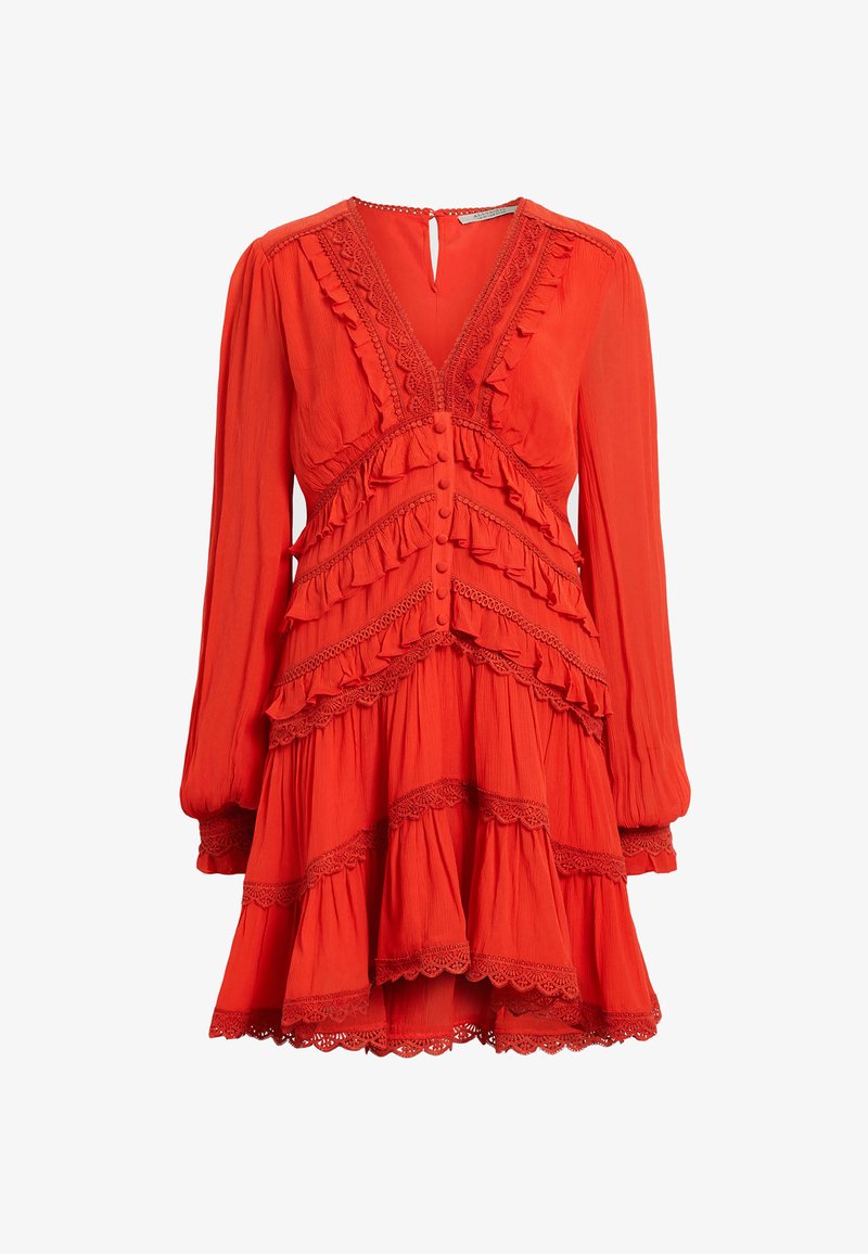 all saints red dress AllSaints Alexia Silk Blend V-neck Midi Slip Dress in Red