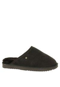 Zwarte suede instapslippers met een zachte binnenvoering, ronde neus en een gestructureerde zool; voorzien van een klein metallic logoaccent.