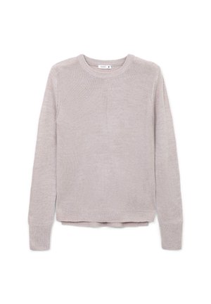 Maglione beige chiaro realizzato in tessuto lavorato a maglia. Presenta un collo a giro, polsini a costine e un orlo dritto. Design semplice senza fantasie o dettagli.