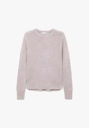 Maglione beige chiaro realizzato in tessuto lavorato a maglia. Presenta un collo a giro, polsini a costine e un orlo dritto. Design semplice senza fantasie o dettagli.