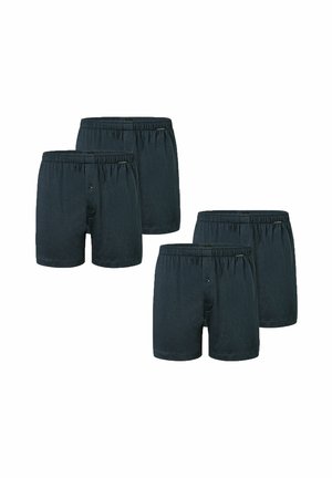 Four black men's elastic waist boxer shorts, two pairs with front button fly and two without, displayed on white background.