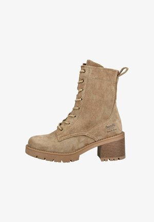 Tan suede lace-up ankle boots with a chunky heel, featuring metal eyelets and a pull tab, textured side detailing, and a rubber sole.