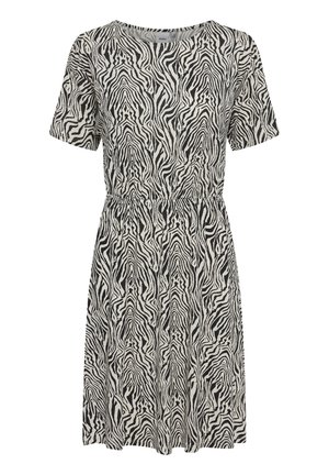 Kurzes Kleid mit einem schwarz-weißen Zebra-Streifenmuster, elastischem Bund und lässiger Passform. Aus leichtem Stoff gefertigt.