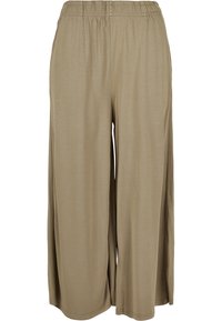Pantalon beige à jambes larges avec une taille élastique, fabriqué en tissu léger et fluide, conçu pour un usage décontracté.