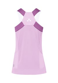 Haut de sport sans manches lilas clair avec des bretelles violet foncé et un panneau arrière en mesh respirant.