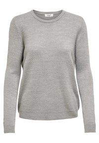 Grauer Strickpullover mit strukturiertem Muster, rundem Ausschnitt und langen Ärmeln. Mit gerippten Bündchen und Saum für zusätzliche Haltbarkeit.