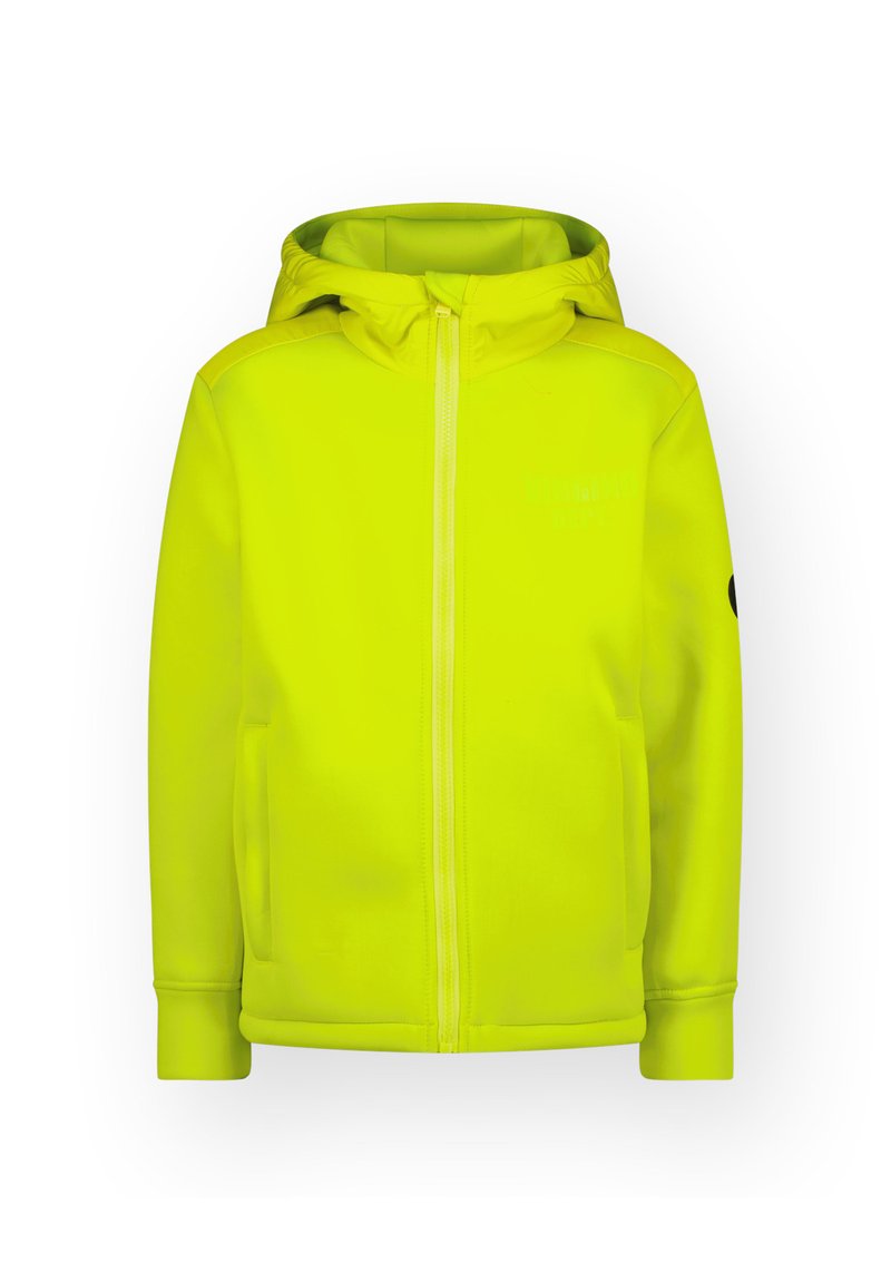 Hoodie jaune vif avec une fermeture éclair, capuche à cordon de serrage et deux poches latérales. Présente un logo sur la poitrine et un accent noir sur la manche.