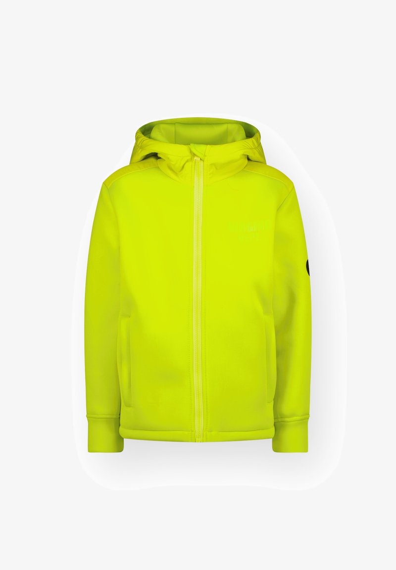 Φωτεινό κίτρινο φούτερ με φερμουάρ, κουκούλα με κορδόνι και δύο πλαϊνές τσέπες. Περιλαμβάνει ένα λογότυπο στο στήθος και μια μαύρη λεπτομέρεια στον μανίκι.