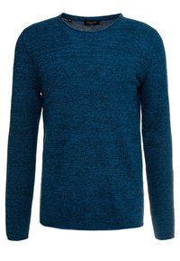 Pull à manches longues bleu texturé avec un col rond. Présente un motif tricoté et une coupe légèrement décontractée.