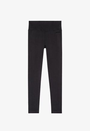 Sorte ribstrikkede leggings med høj talje. Glat tekstur og figursyet design, der går ned til anklerne med et minimalt logodetalje.