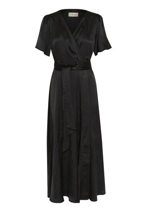 Schwarzes Wickelkleid aus glattem Stoff mit kurzen Ärmeln, tiefem V-Ausschnitt und einem passenden Gürtel in der Taille. Fließendes Rockdesign.