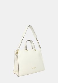 Borsa a tracolla in pelle bianca con manici superiori doppi e una tracolla removibile. Presenta un design strutturato, dettagli in metallo dorato e logo impresso.