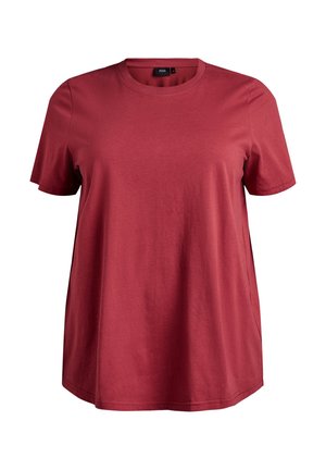 Camiseta de algodón roja con cuello redondo, mangas cortas y un ajuste relajado. Textura suave sin patrones o acentos visibles.