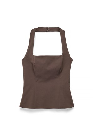 Top marrón sin mangas con cuello halter cuadrado y cierre en la espalda, corte entallado con detalles sutiles de costuras.