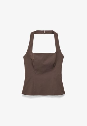 Brązowy, bezrękawnikowy top na szyję z kwadratowym dekoltem i zapięciem z tyłu, dopasowany krój z subtelnymi przeszyciami.