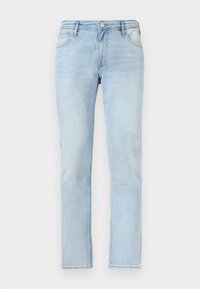 Jeans in denim azzurro chiaro con una vestibilità dritta, dotati di chiusura con bottoni, design a cinque tasche e una leggera scoloritura sul tessuto.