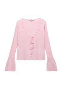 Top a coste rosa con scollatura profonda a girocollo, caratterizzato da un dettaglio con fiocco sul davanti e maniche svasate. Tessuto morbido, design corto.