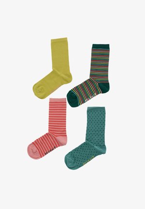 Set van vier sokken: één effen groen, één roze met strepen, één groen met multicolor strepen en één teal met stippen.