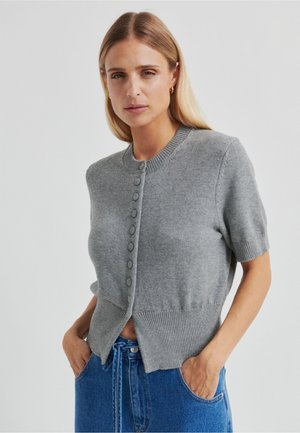 Grijze dunne cardigan met korte mouwen, geribbelde zoom en ronde hals, met een rij knopen aan de voorkant en een licht gestructureerde gebreide stof.