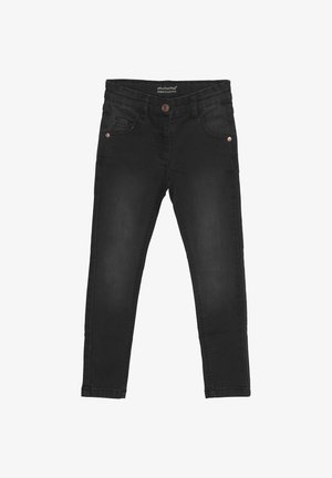 Jeans skinny din denim negru, cu o textură netedă, design cu cinci buzunare, sistem de închidere cu buton și accente discrete din metal cu nuanță cupru.