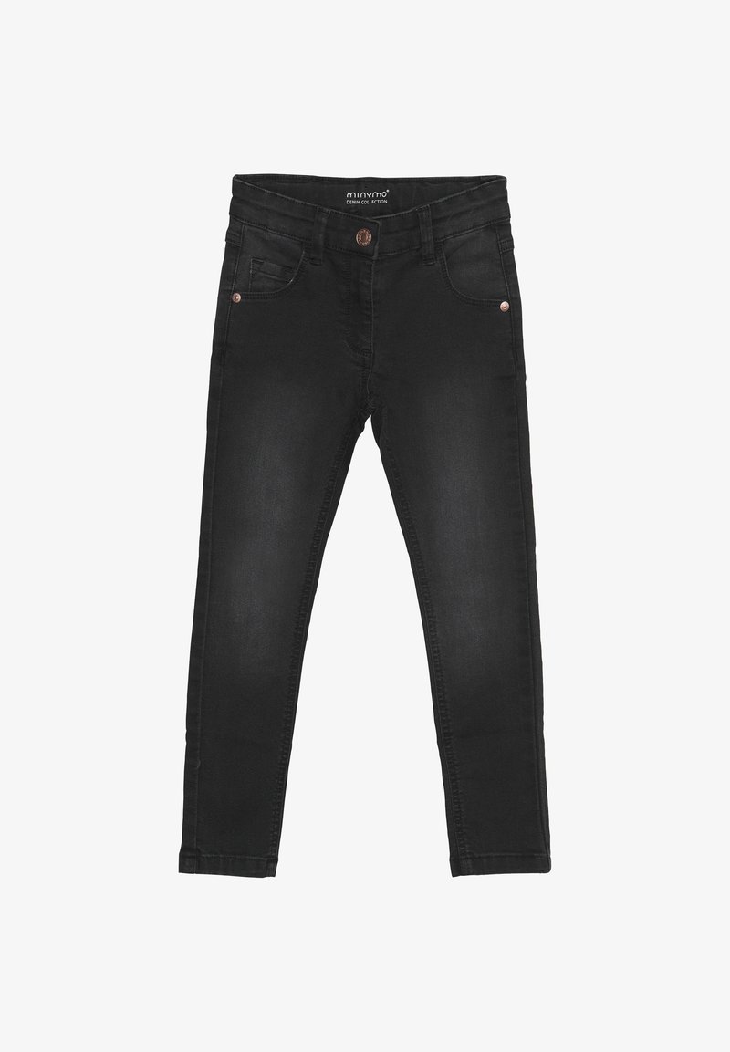 Jeans skinny de mezclilla negra con una textura suave, diseño de cinco bolsillos, cierre de botón y sutiles acentos en tono cobre.