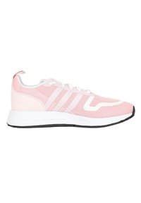 Pink athletic shoe with a mesh upper, white accents, three white stripes on the side, and a black rubber sole. Features a padded collar.