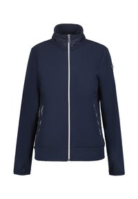 Mörkblå jacka i mjukt material, med hög krage, full dragkedja fram, två sidofickor med dragkedjor och en logotypdetalj på ärmen.