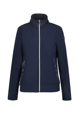 Navy blue jacket made from soft fabric, featuring a high collar, full front zip, two side pockets with zippers, and a logo accent on the sleeve.
