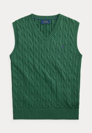 Veste pull sans manches en maille torsadée verte avec col en V et étiquette ainsi que logo Polo Ralph Lauren à l'avant.