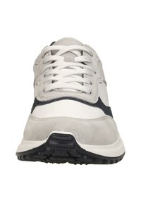 Light grey sneakers with mesh and suede material, featuring white laces, a dark blue accent, and a textured black rubber outsole.