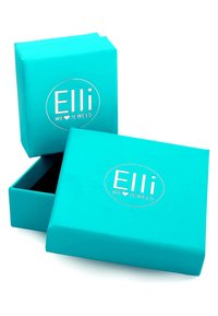 Turkis smykkeskrin med en blank overflade, der har et sølvlogo "Elli WE ♥ JEWELS" og et låg, der er en smule åbent og viser et sort indre.